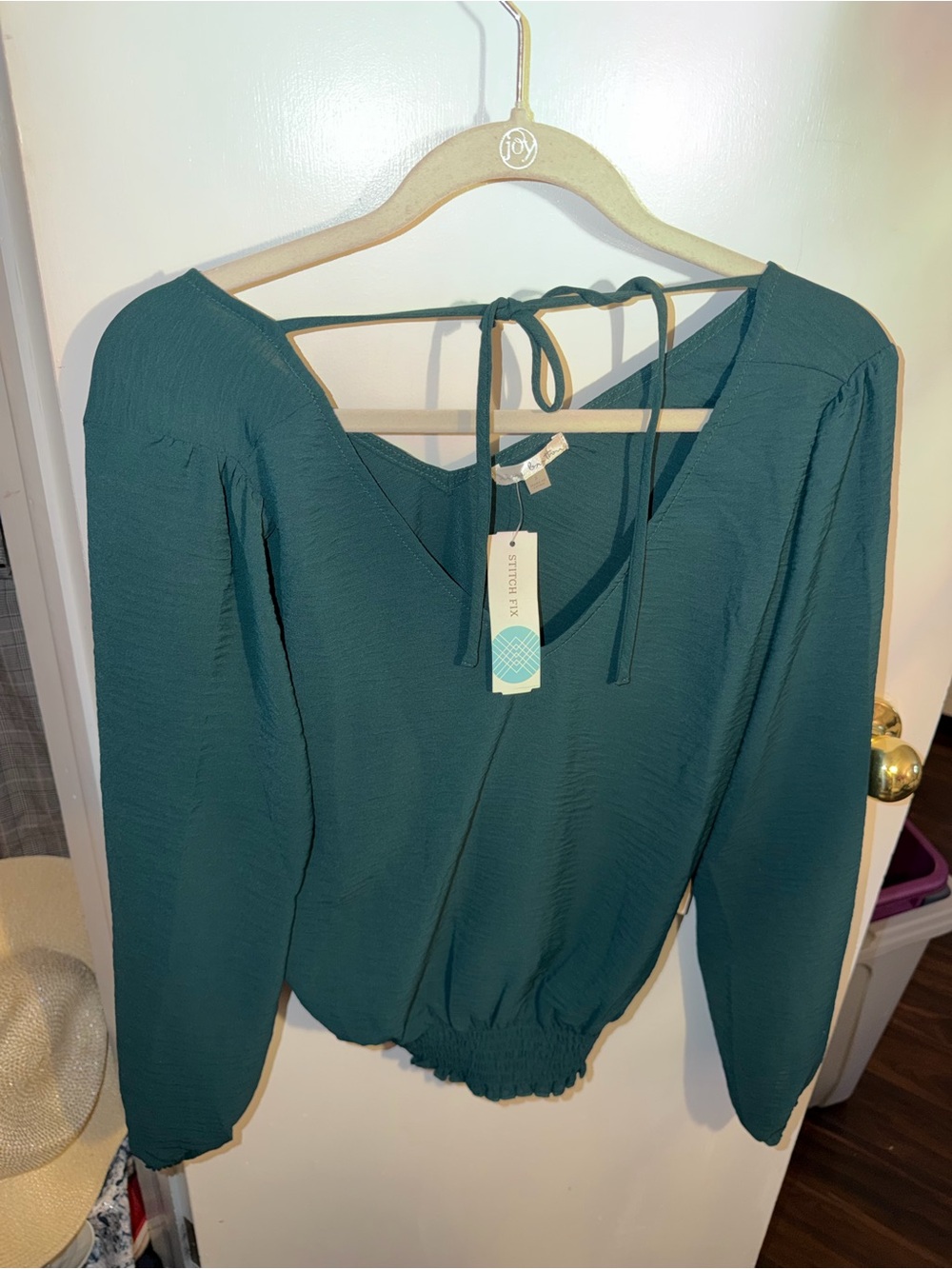 nine britton Teal V-Neck Long Sleeve Tie-Back Blouse